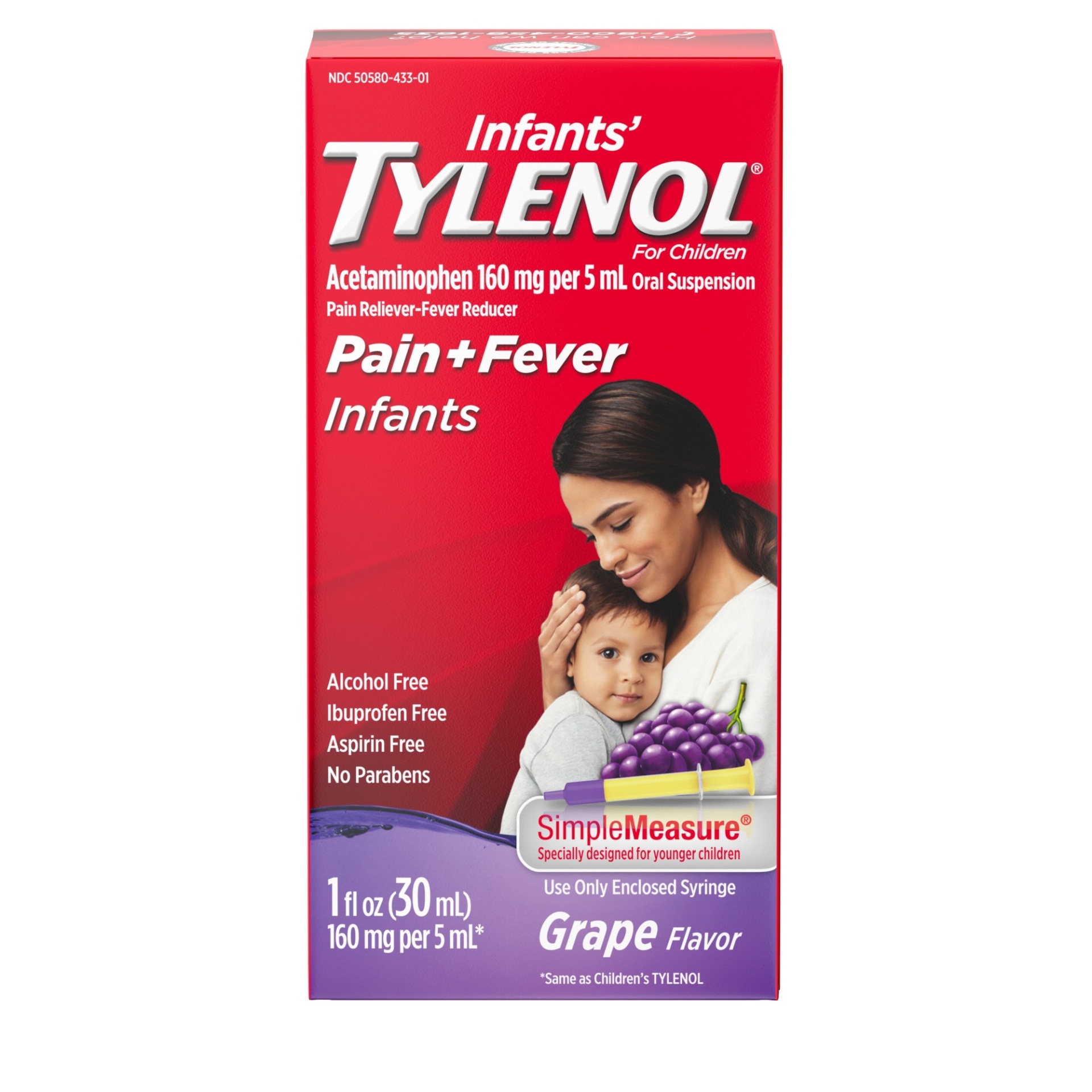 slide 1 of 6, Infants' Tylenol Oral Suspension Liquid Medicine with Acetaminophen, Baby Fever Reducer & Pain Reliever for Minor Aches & Pains, Sore Throat, Headache & Toothache, Grape Flavor, 1 fl oz