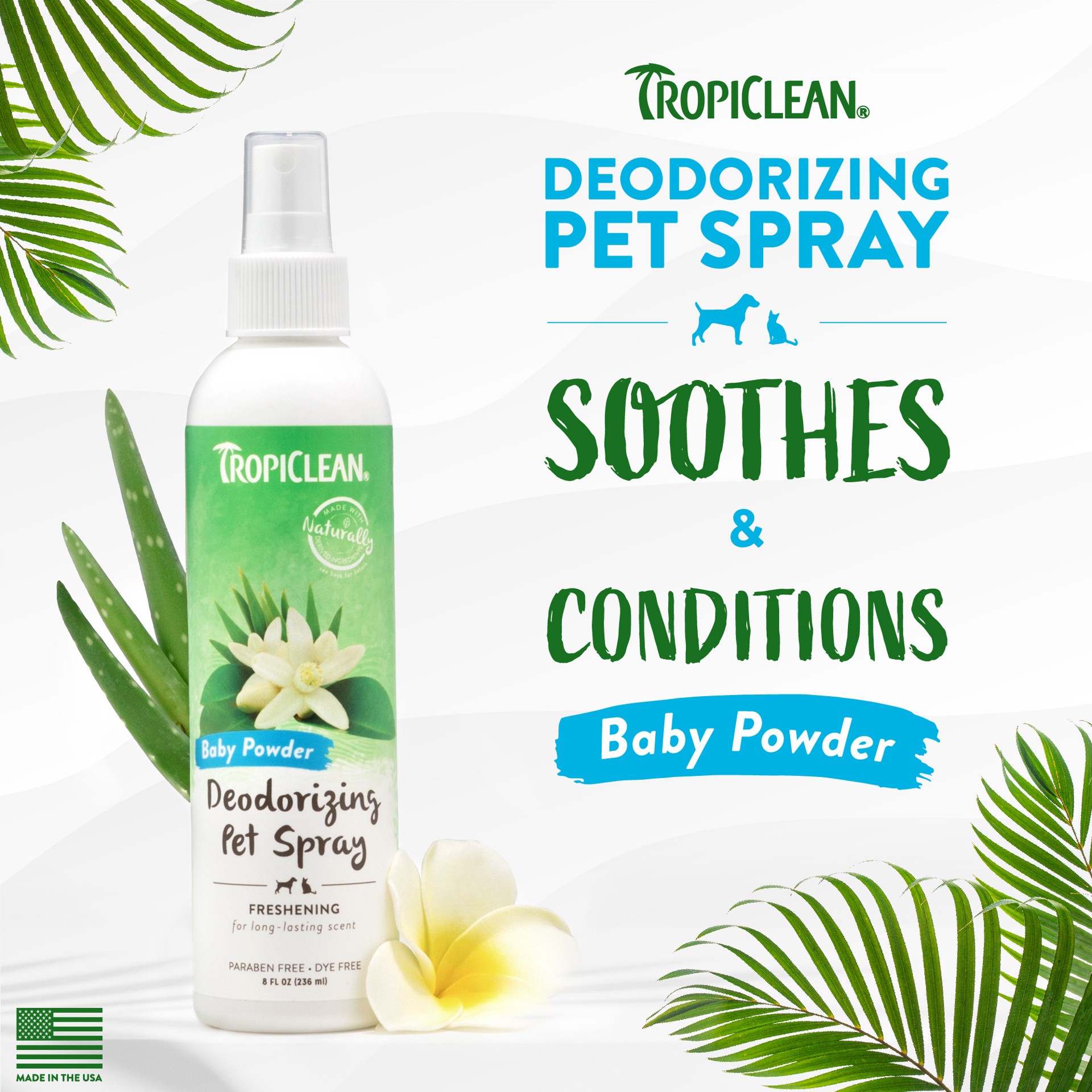 slide 9 of 10, TropiClean Baby Powder Deodorizing Spray for Pets, 8oz, 8 oz