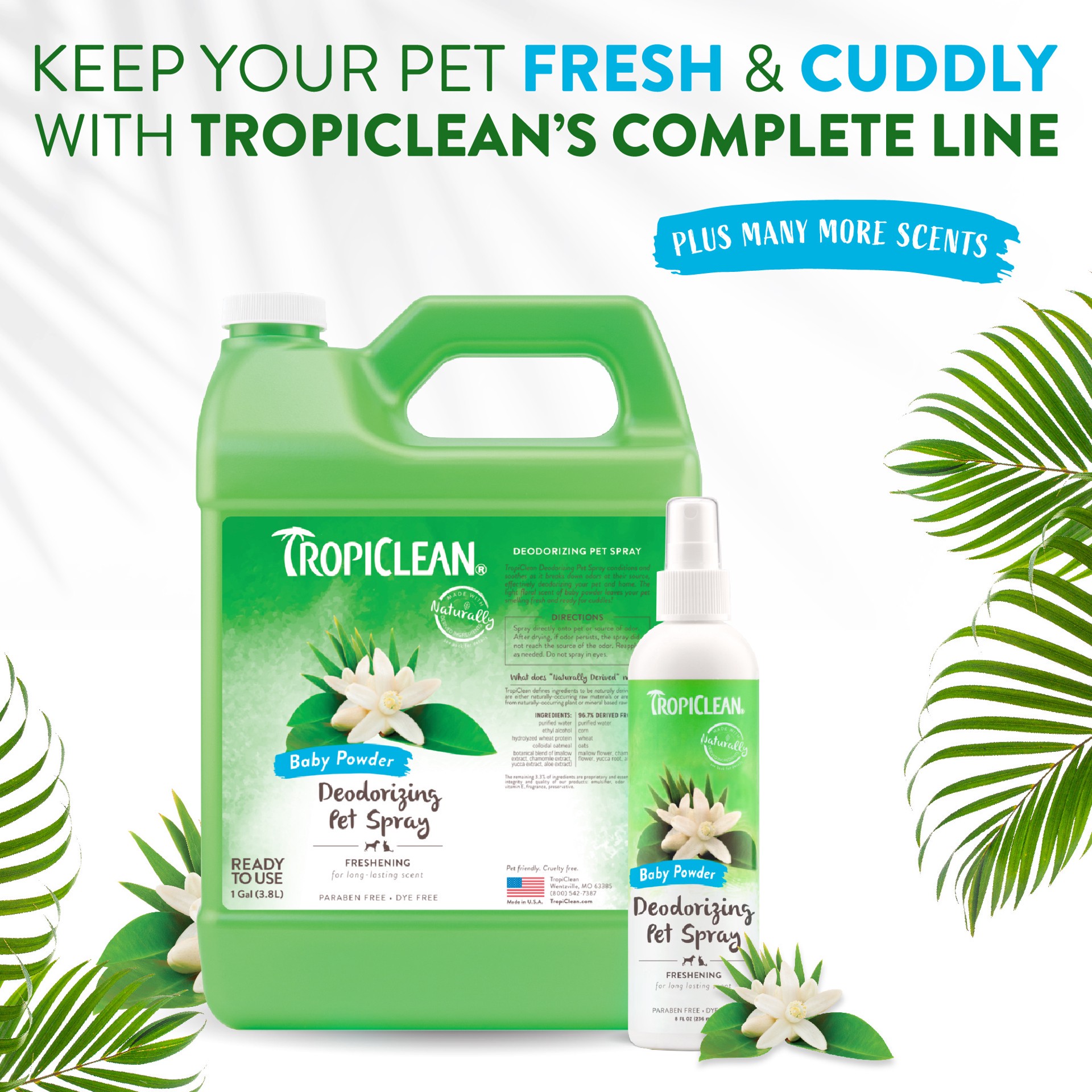 slide 4 of 10, TropiClean Baby Powder Deodorizing Spray for Pets, 8oz, 8 oz