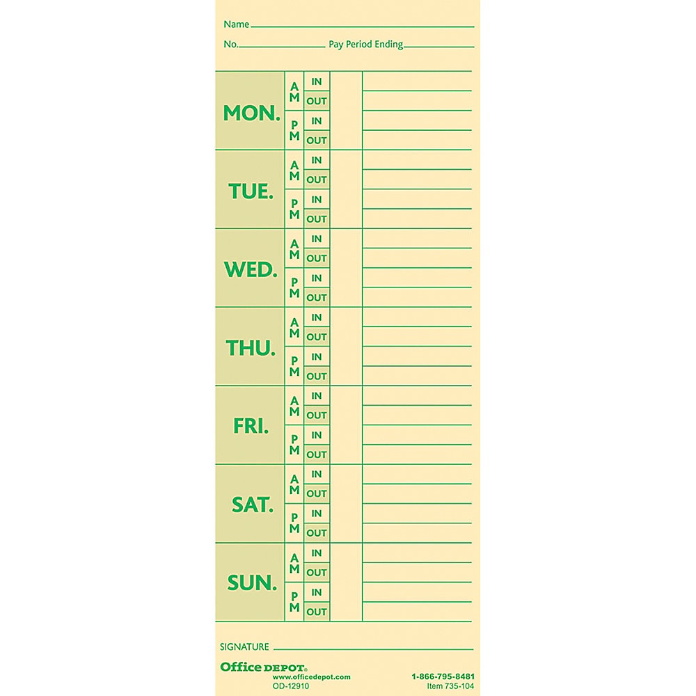slide 1 of 1, Office Depot Brand Time Cards With Deductions, Weekly, Monday-Sunday Format, 2-Sided, 3 3/8'' X 8 7/8'', Manila, Pack Of 100, 100 ct