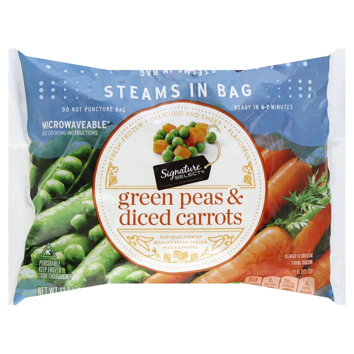 slide 1 of 1, Safeway Green Peas & Diced Carrots Steam In Bag, 12 oz