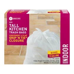 SE Grocers Tall Kitchen Trash Bags Grip 'N Tie Closure - 80 CT