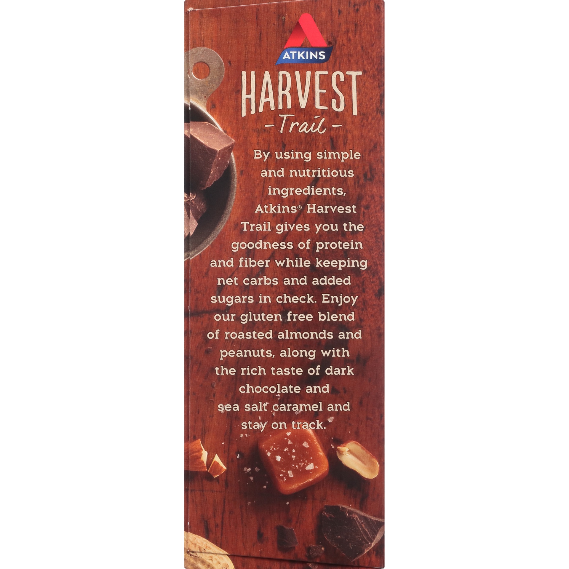 slide 4 of 8, Atkins Harvest Trail Dark Chocolate Sea Salt Caramel Bar, 5 ct; 1.3 oz