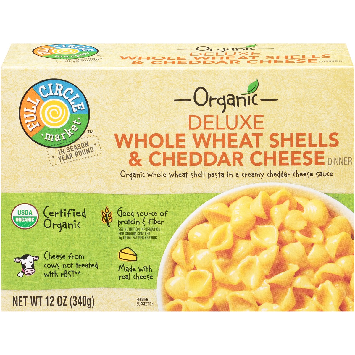 slide 1 of 15, Full Circle Market Deluxe Whole Wheat Shells & Cheddar Cheese Dinner, 12 oz