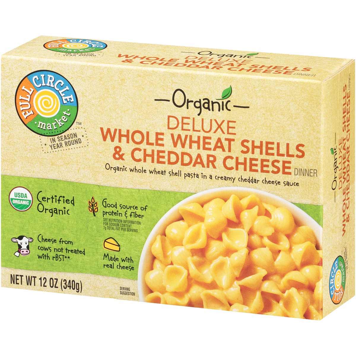 slide 10 of 15, Full Circle Market Deluxe Whole Wheat Shells & Cheddar Cheese Dinner, 12 oz