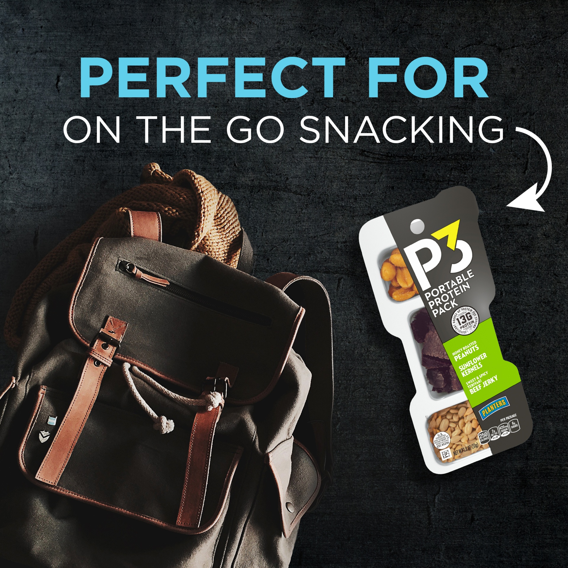 slide 3 of 8, P3 Portable Protein Snack Pack with Honey Roasted Peanuts, Sunflower Kernels & Teriyaki Beef Jerky Trays, 5.4 oz