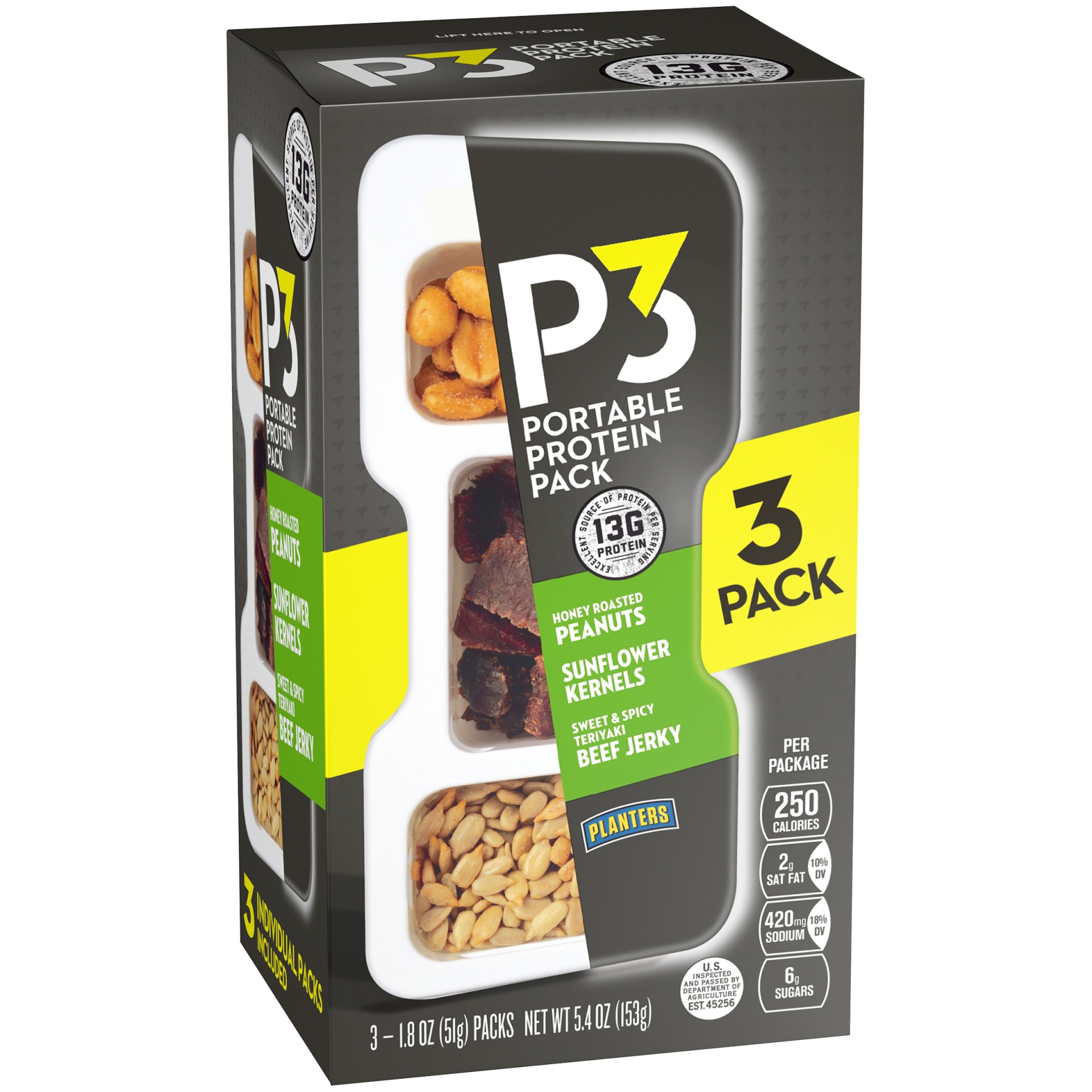 slide 4 of 8, P3 Portable Protein Snack Pack with Honey Roasted Peanuts, Sunflower Kernels & Teriyaki Beef Jerky Trays, 5.4 oz