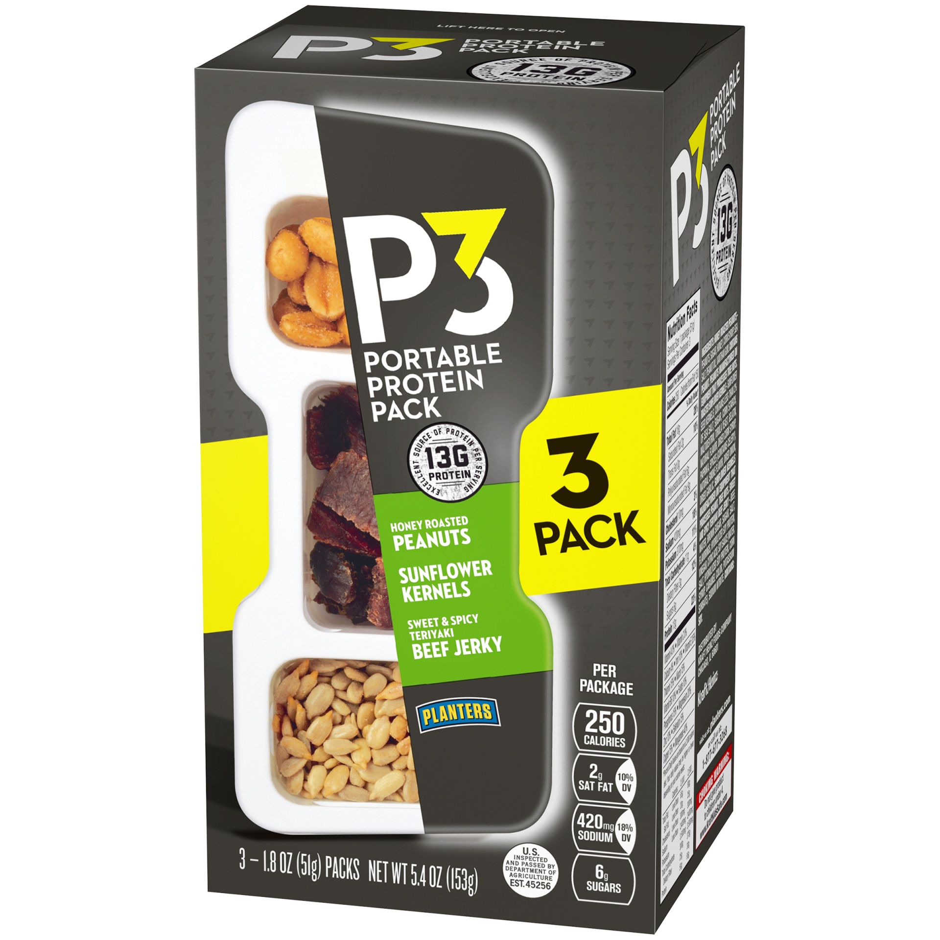 slide 5 of 8, P3 Portable Protein Snack Pack with Honey Roasted Peanuts, Sunflower Kernels & Teriyaki Beef Jerky Trays, 5.4 oz