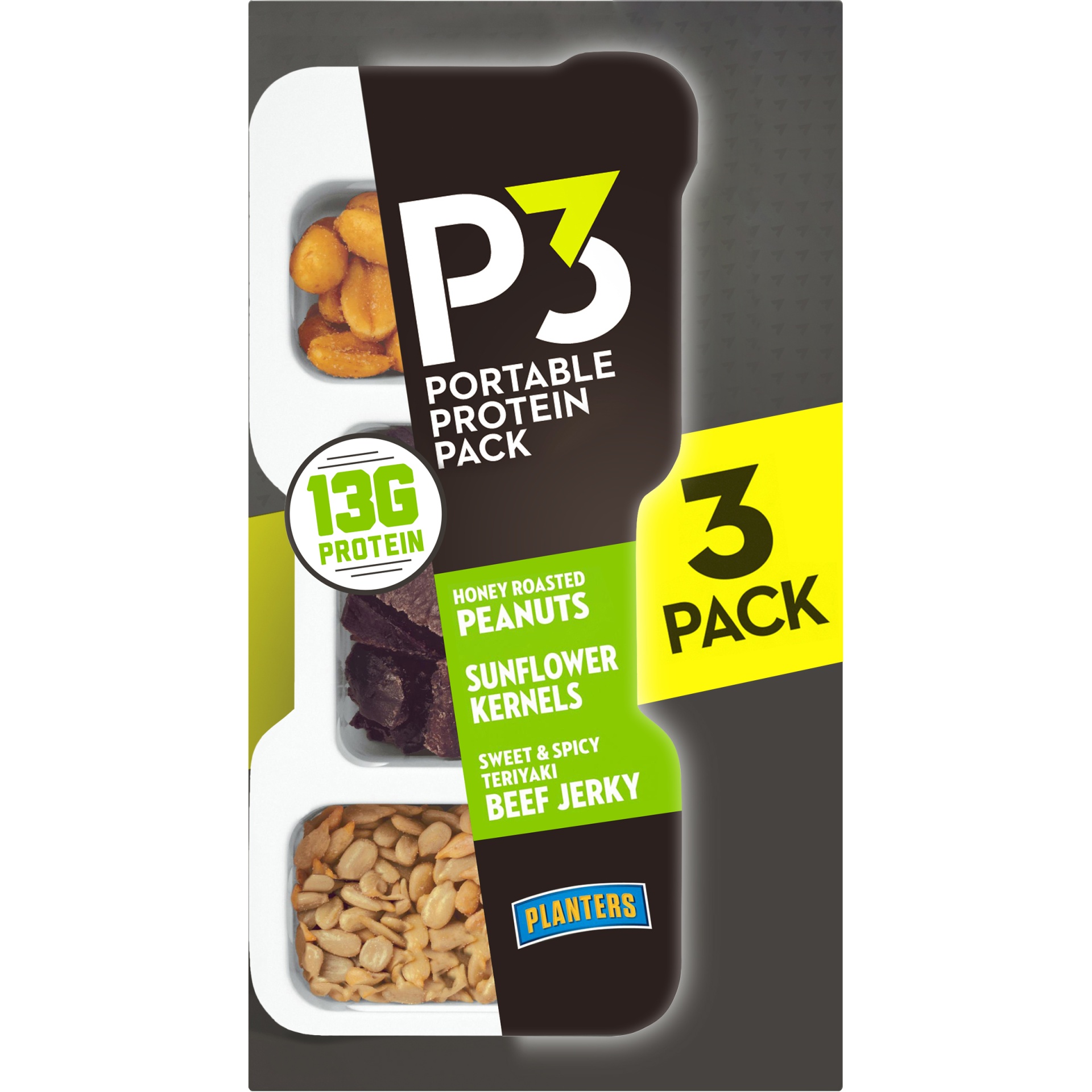 slide 1 of 8, P3 Portable Protein Snack Pack with Honey Roasted Peanuts, Sunflower Kernels & Teriyaki Beef Jerky Trays, 5.4 oz