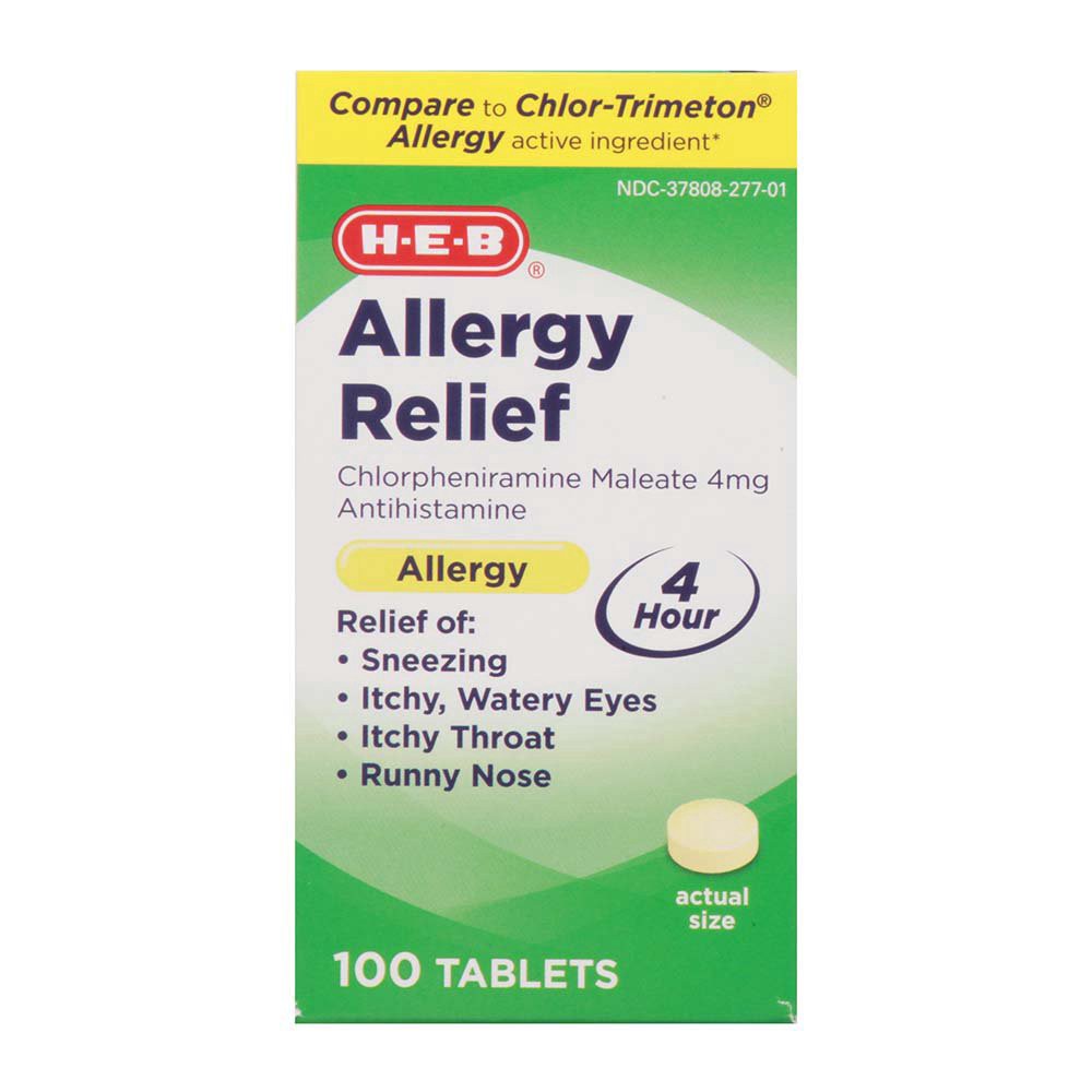 slide 1 of 1, H-E-B Allergy Relief Chlorpheniramine Maleate Tablets - 4 mg, 100 ct