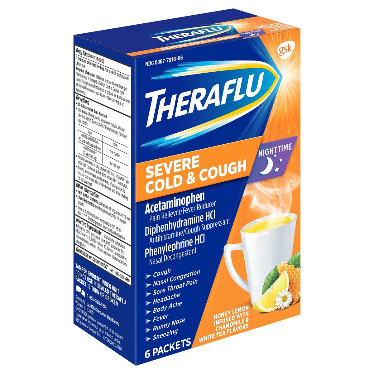 slide 2 of 9, Theraflu Nighttime Severe Cold and Cough Hot Liquid Powder Honey Lemon Infused with Chamomile and White Tea Flavors 6 Count Box, 6 ct