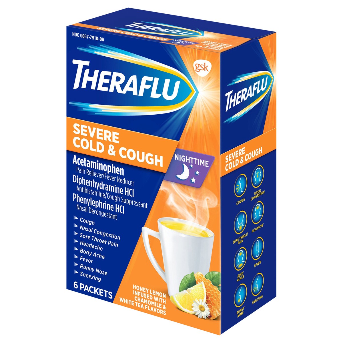 slide 3 of 9, Theraflu Nighttime Severe Cold and Cough Hot Liquid Powder Honey Lemon Infused with Chamomile and White Tea Flavors 6 Count Box, 6 ct