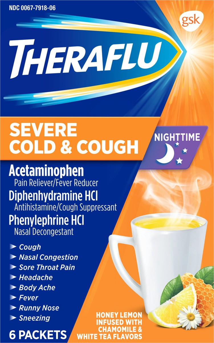 slide 6 of 9, Theraflu Nighttime Severe Cold and Cough Hot Liquid Powder Honey Lemon Infused with Chamomile and White Tea Flavors 6 Count Box, 6 ct