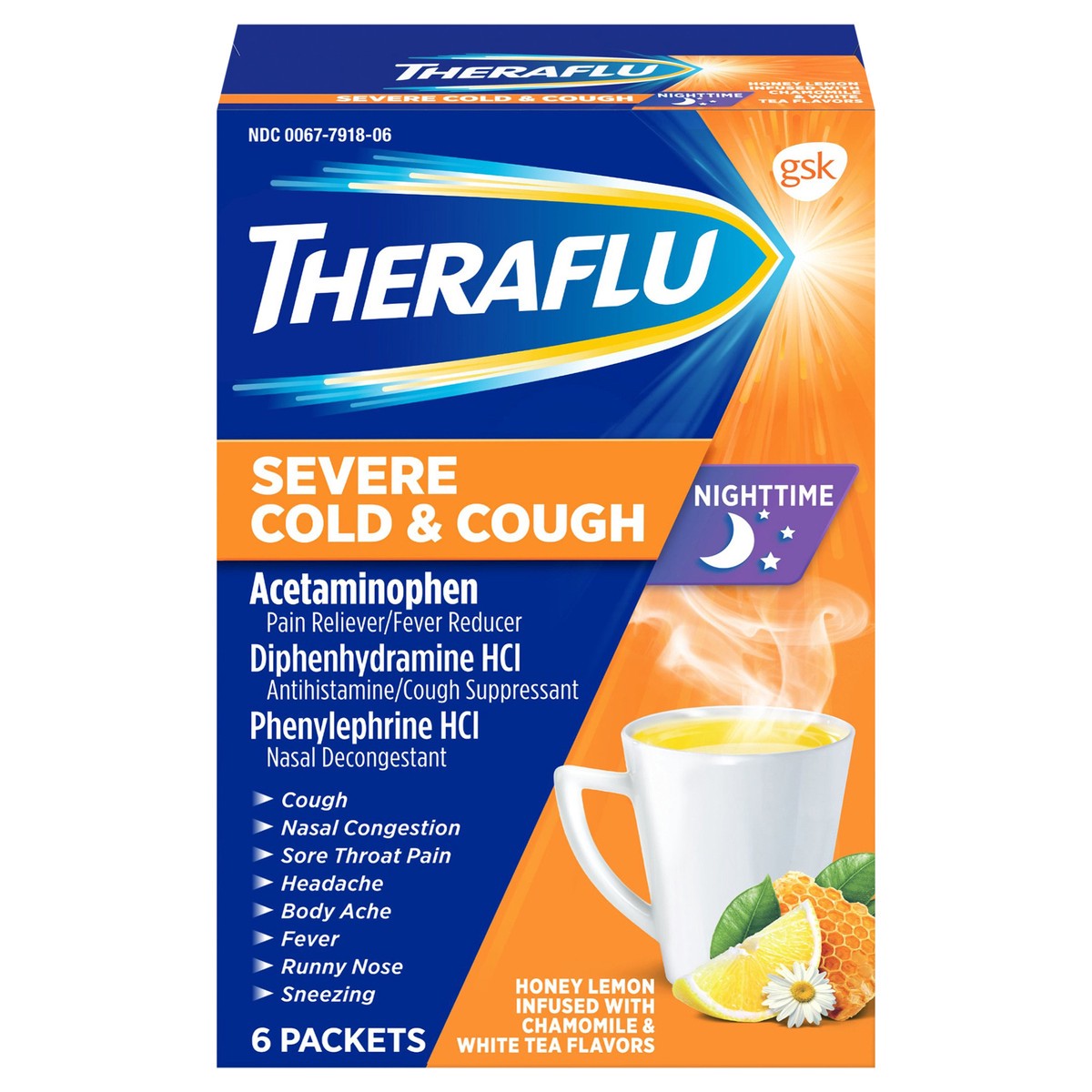 slide 1 of 9, Theraflu Nighttime Severe Cold and Cough Hot Liquid Powder Honey Lemon Infused with Chamomile and White Tea Flavors 6 Count Box, 6 ct