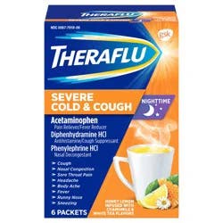 Theraflu Nighttime Severe Cold and Cough Hot Liquid Powder Honey Lemon Infused with Chamomile and White Tea Flavors 6 Count Box