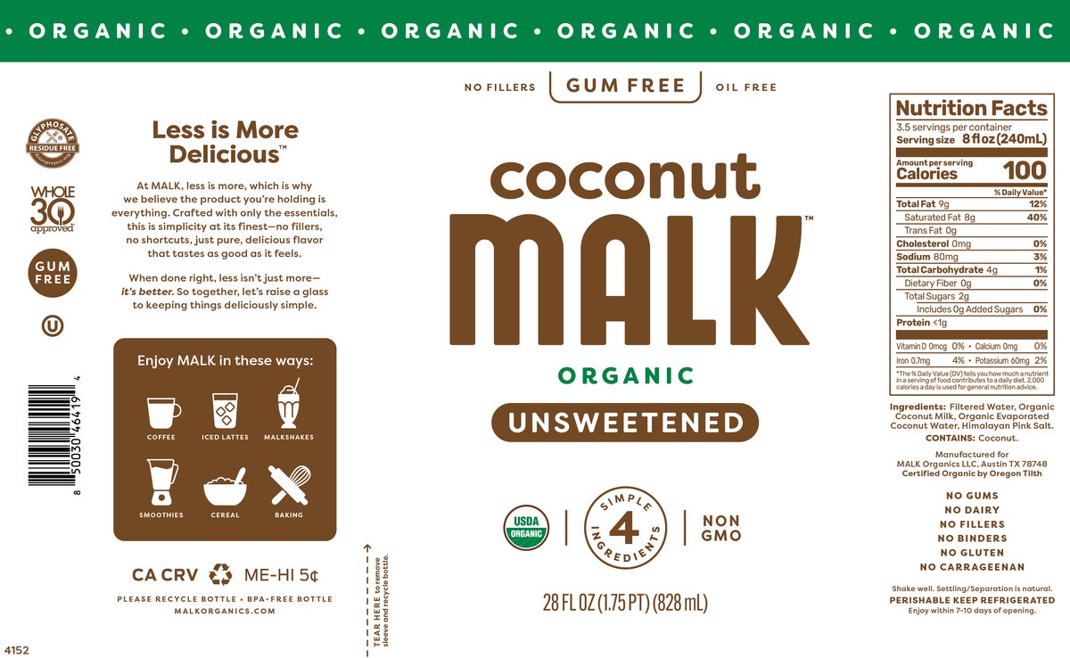 slide 2 of 9, MALK Unsweetened Coconut, 28 fl oz