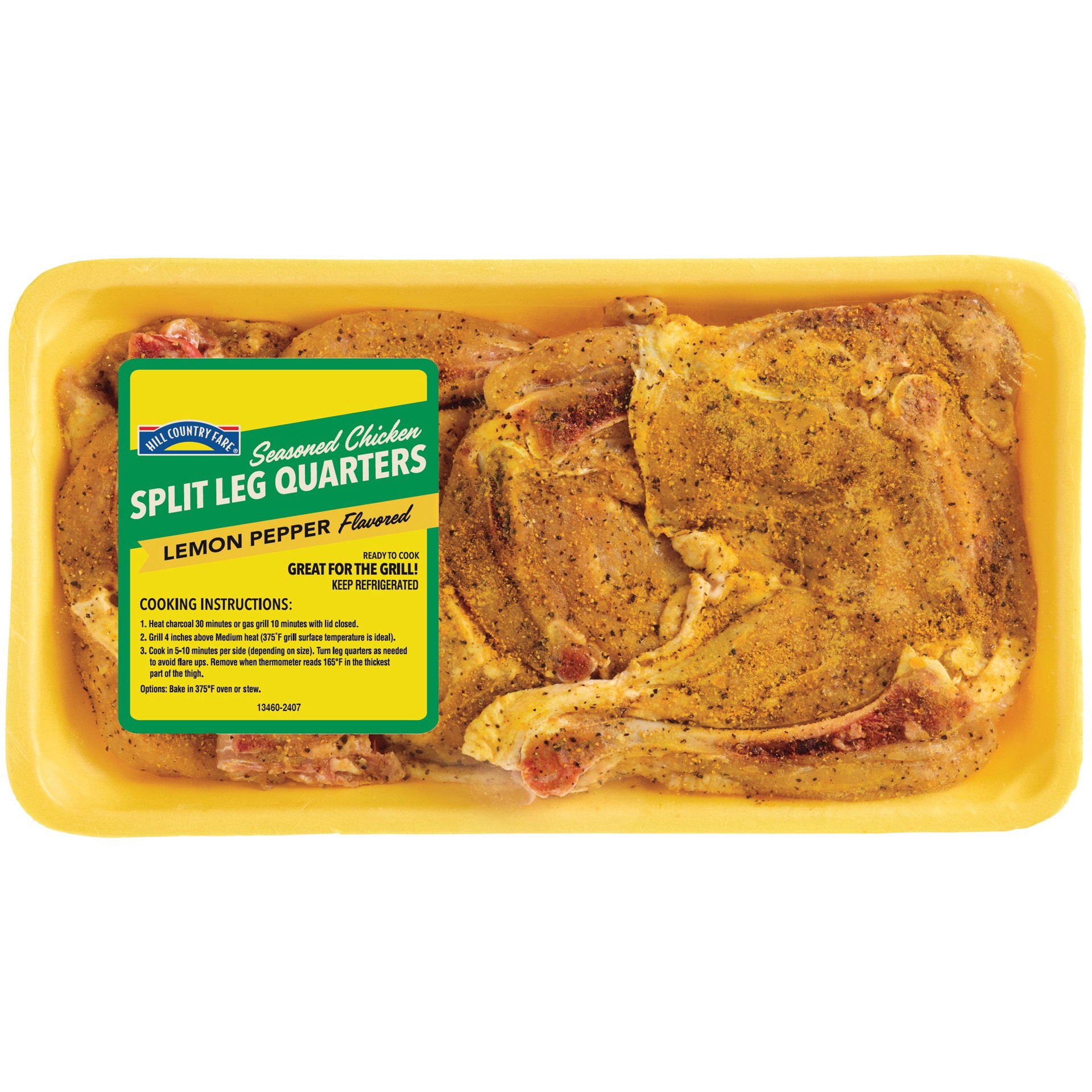 slide 1 of 1, Hill Country Fare Seasoned Lemon Pepper Flavored Split Chicken Leg Quarters, per lb