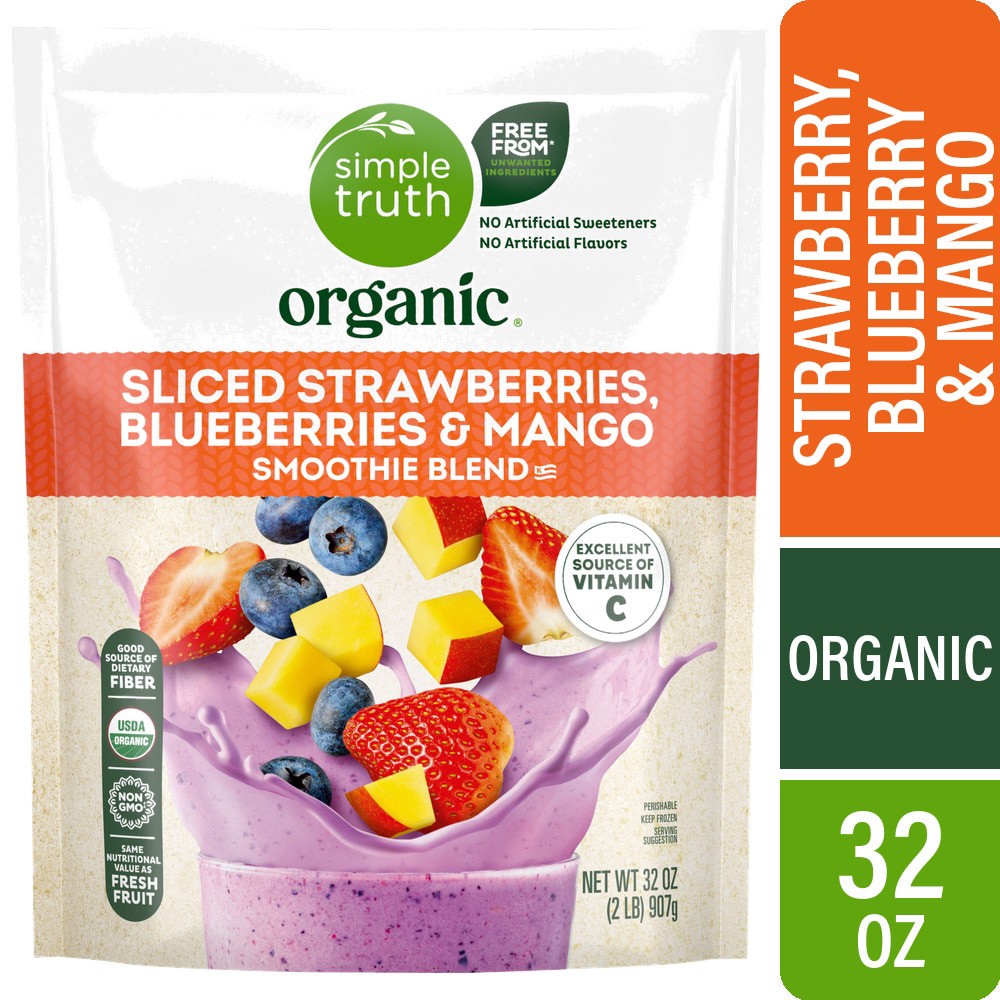 slide 1 of 3, Simple Truth Organic Sliced Strawberries Blueberries & Mango Blend Smoothie, 32 oz