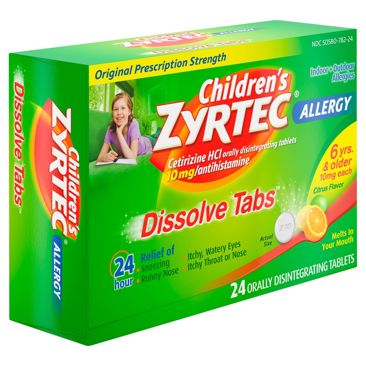 slide 2 of 7, Children's Zyrtec 24 Hour Dissolving Allergy Relief Tablets with Cetirizine HCl, Citrus Flavored Antihistamine Allergy Medicine for Kids, Relieves Runny Nose, Itchy Throat & More, 24 ct
