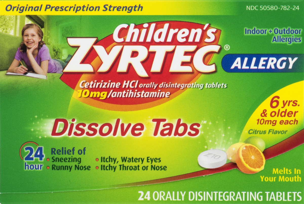slide 6 of 7, Children's Zyrtec 24 Hour Dissolving Allergy Relief Tablets with Cetirizine HCl, Citrus Flavored Antihistamine Allergy Medicine for Kids, Relieves Runny Nose, Itchy Throat & More, 24 ct