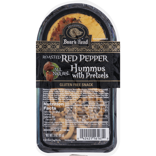 slide 4 of 9, Boars Head Gluten Free Roasted Red Pepper Hummus & Pretzels, 3 oz