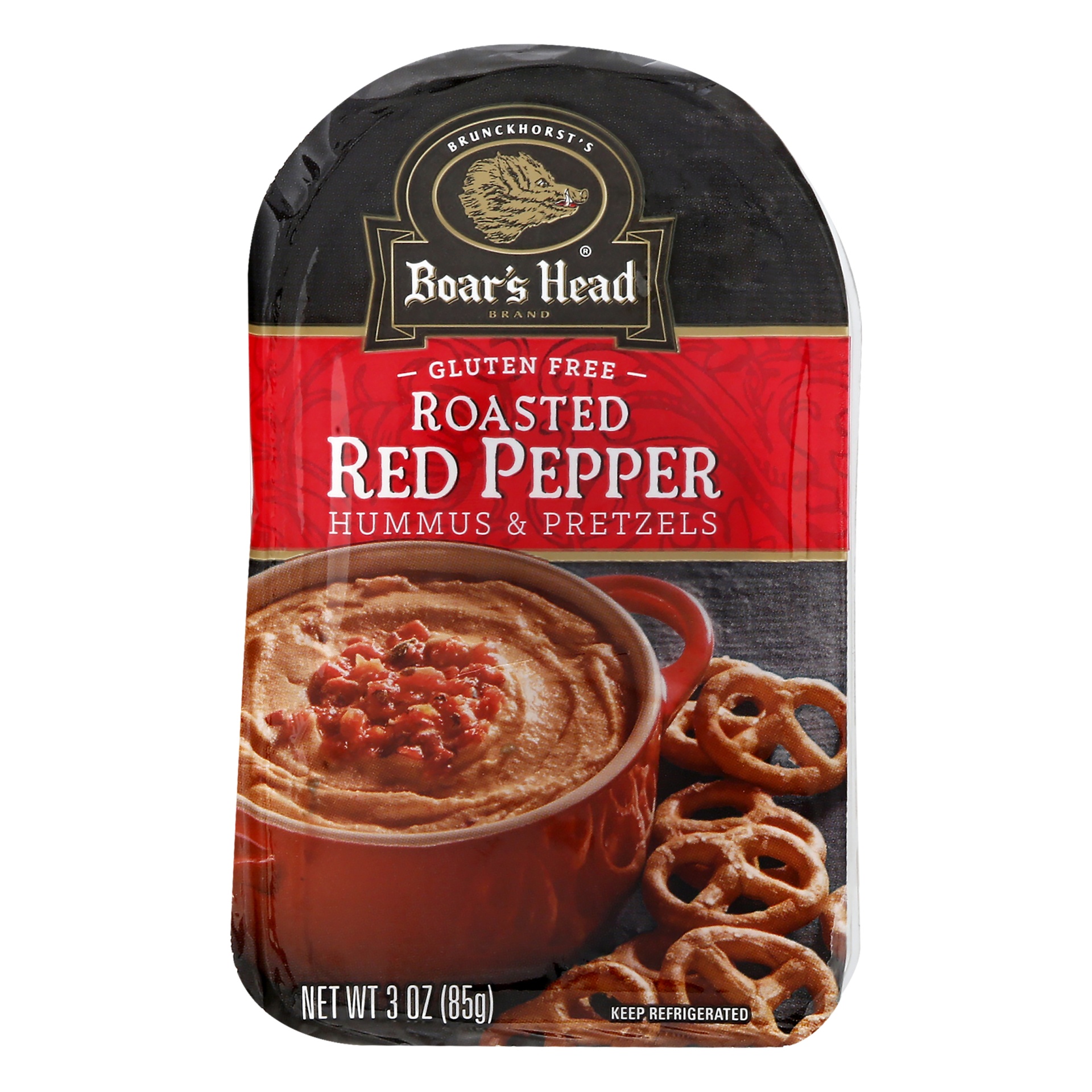 slide 1 of 9, Boars Head Gluten Free Roasted Red Pepper Hummus & Pretzels, 3 oz