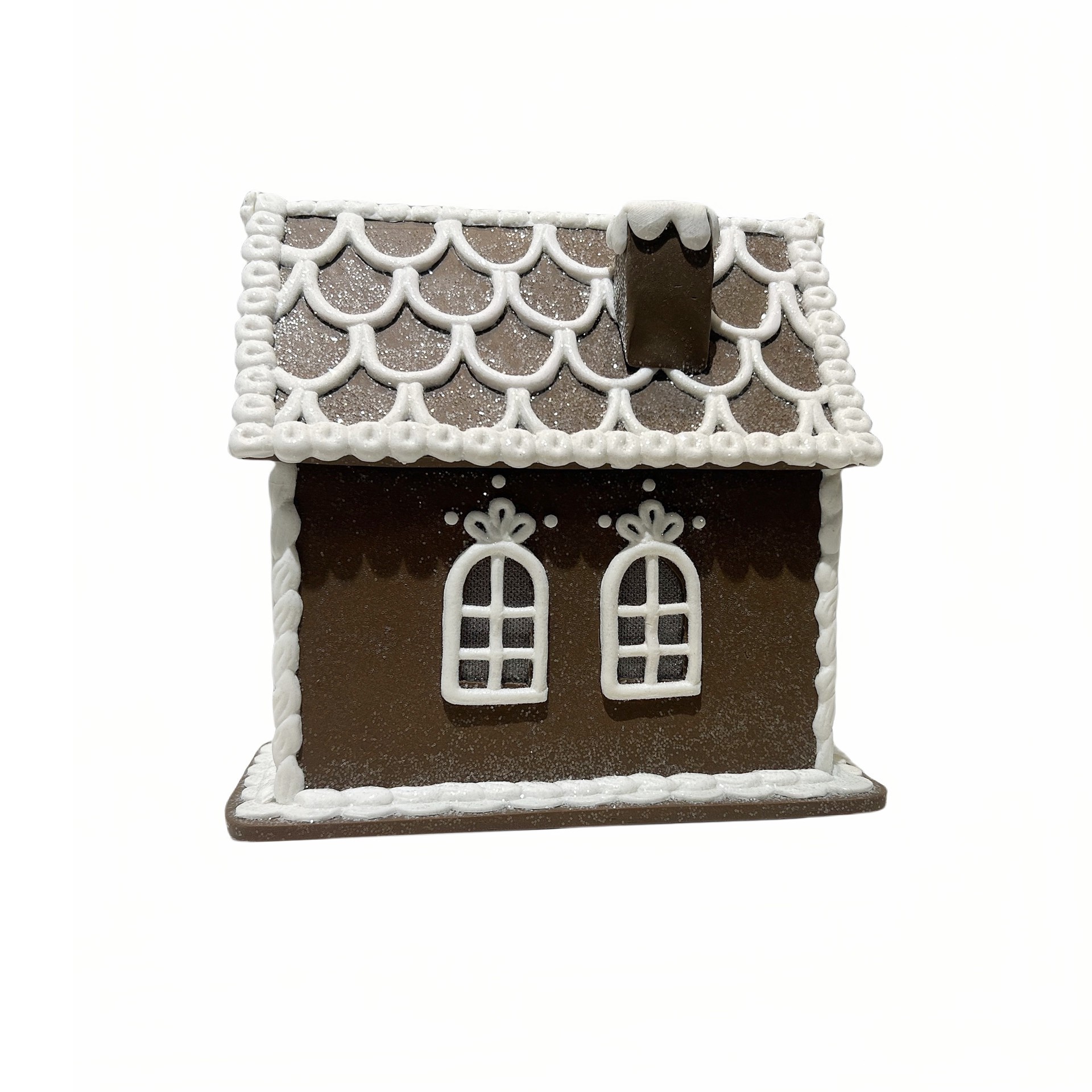 slide 2 of 3, 8" Brown And White Glitter Lighted Clay Gingerbread House Tabletop Decor By Ashland, 8 in x 4 in x 7 in