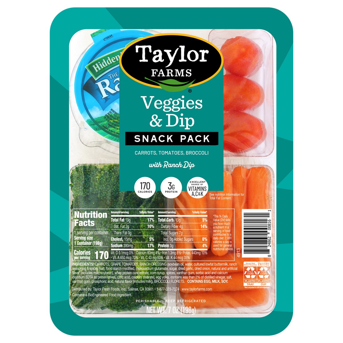 slide 1 of 3, Taylor Farms Veggies & Dip Snack Pack, 7 oz