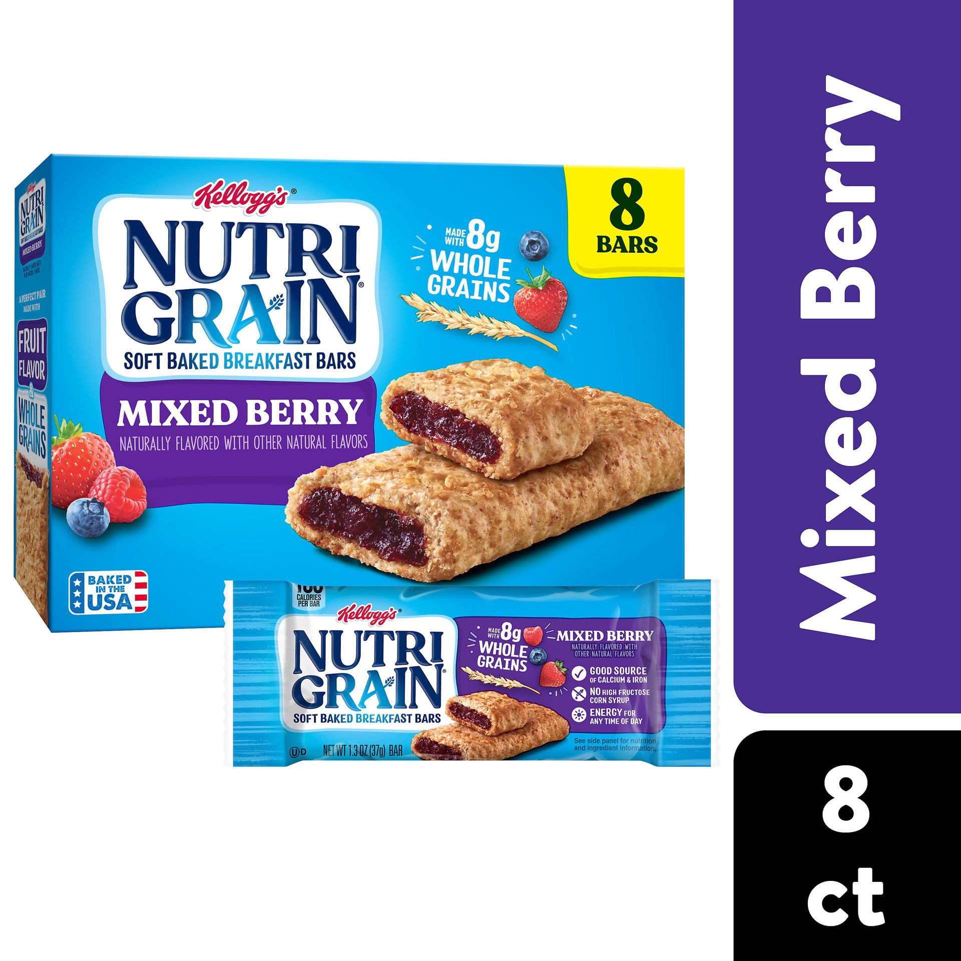 slide 1 of 5, Nutri-Grain Soft Baked Breakfast Bars, Kids Snacks, Whole Grain, Mixed Berry, 10.4oz Box, 8 Bars, 8 ct