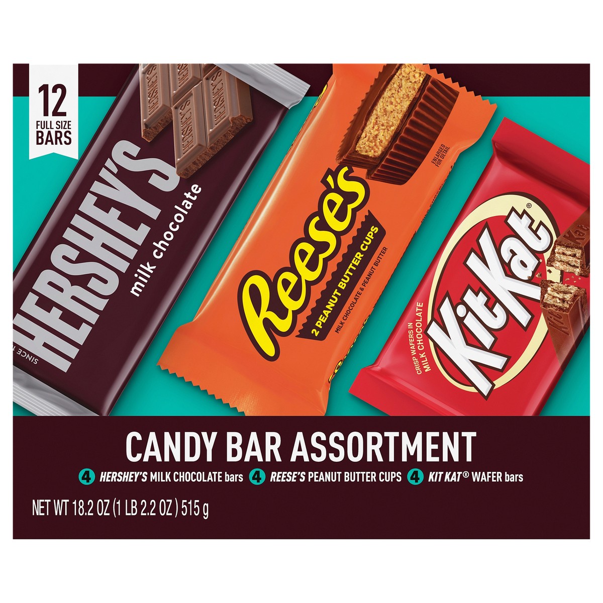 slide 1 of 4, HERSHEY'S, KIT KAT and REESE'S Assorted Flavored Candy Variety Box, 18.2 oz (12 Pieces), 18.2 oz