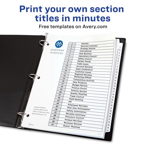 slide 6 of 8, Avery Ready Index 20% Recycled Table Of Contents Dividers, 1-31 Tab, Black/White, 1 ct