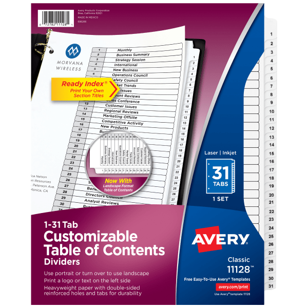 slide 1 of 8, Avery Ready Index 20% Recycled Table Of Contents Dividers, 1-31 Tab, Black/White, 1 ct