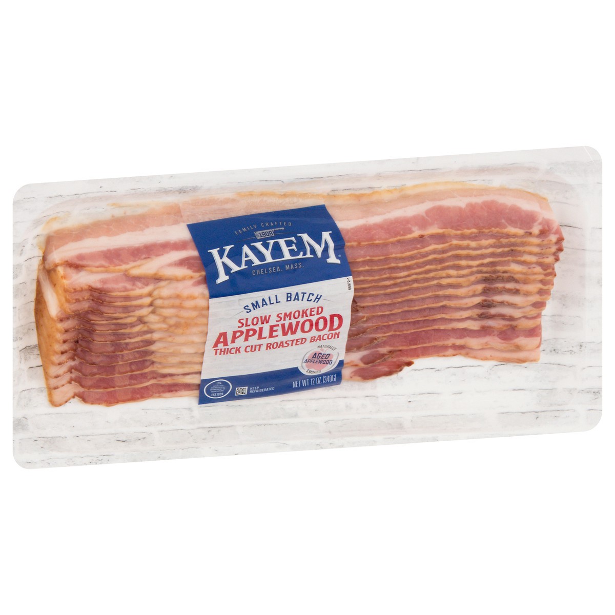 slide 3 of 13, Kayem Slow Smoked Small Batch Thick Cut Roasted Applewood Bacon 12 oz, 12 oz