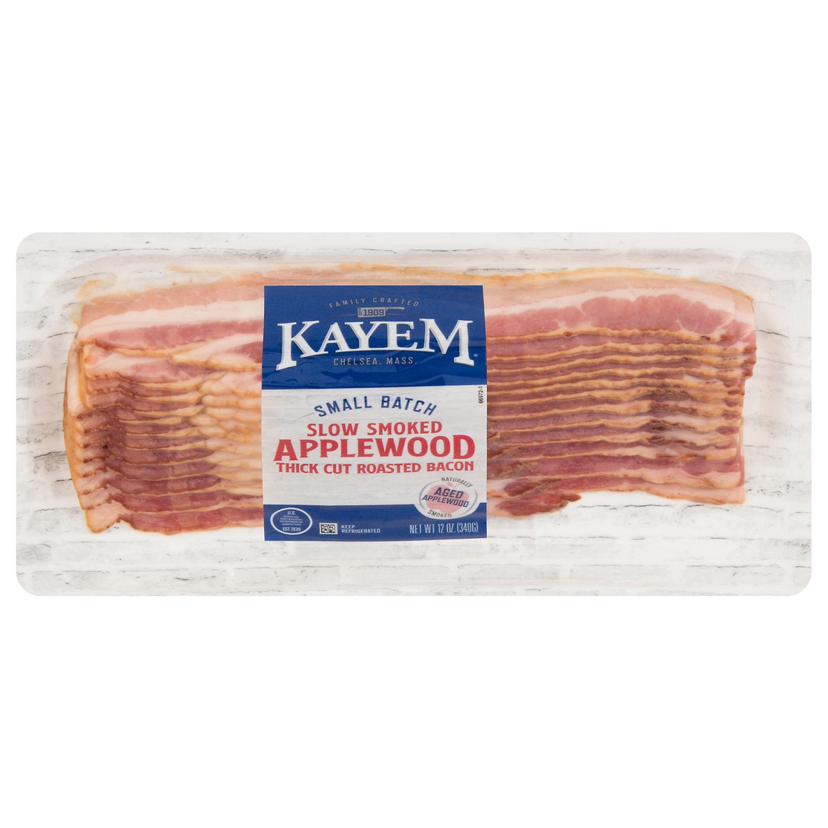 slide 4 of 13, Kayem Slow Smoked Small Batch Thick Cut Roasted Applewood Bacon 12 oz, 12 oz