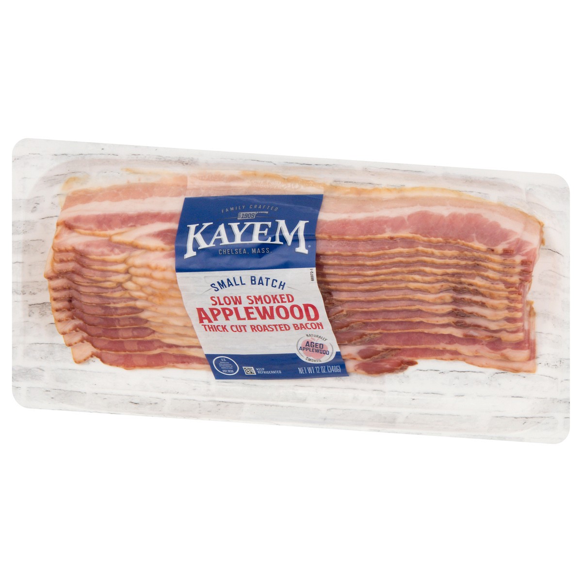 slide 2 of 13, Kayem Slow Smoked Small Batch Thick Cut Roasted Applewood Bacon 12 oz, 12 oz