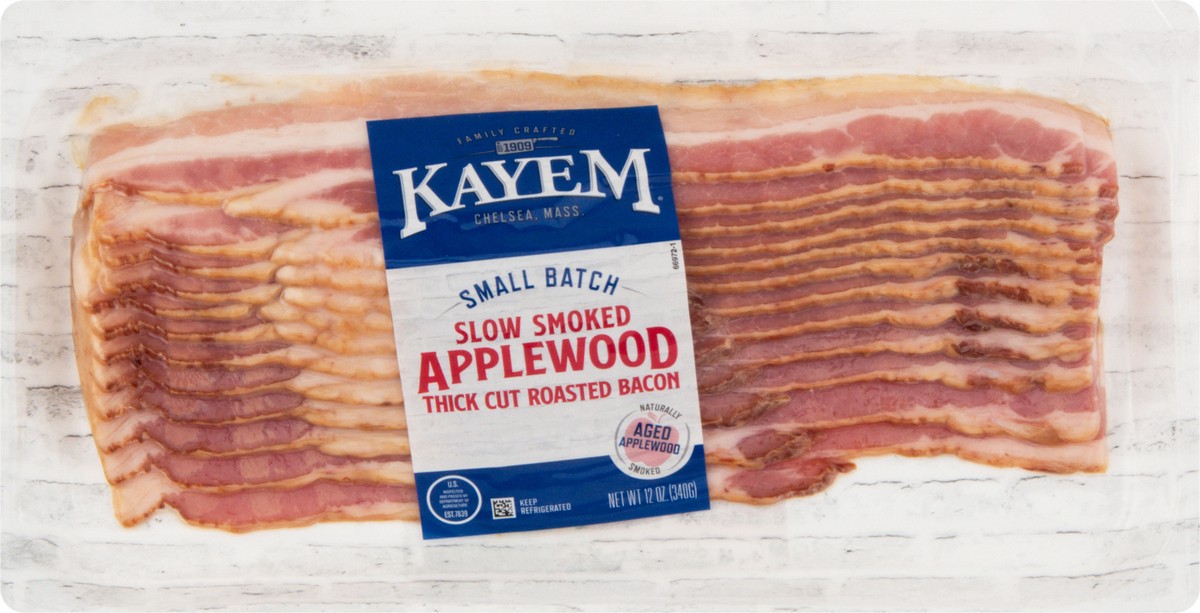 slide 11 of 13, Kayem Slow Smoked Small Batch Thick Cut Roasted Applewood Bacon 12 oz, 12 oz