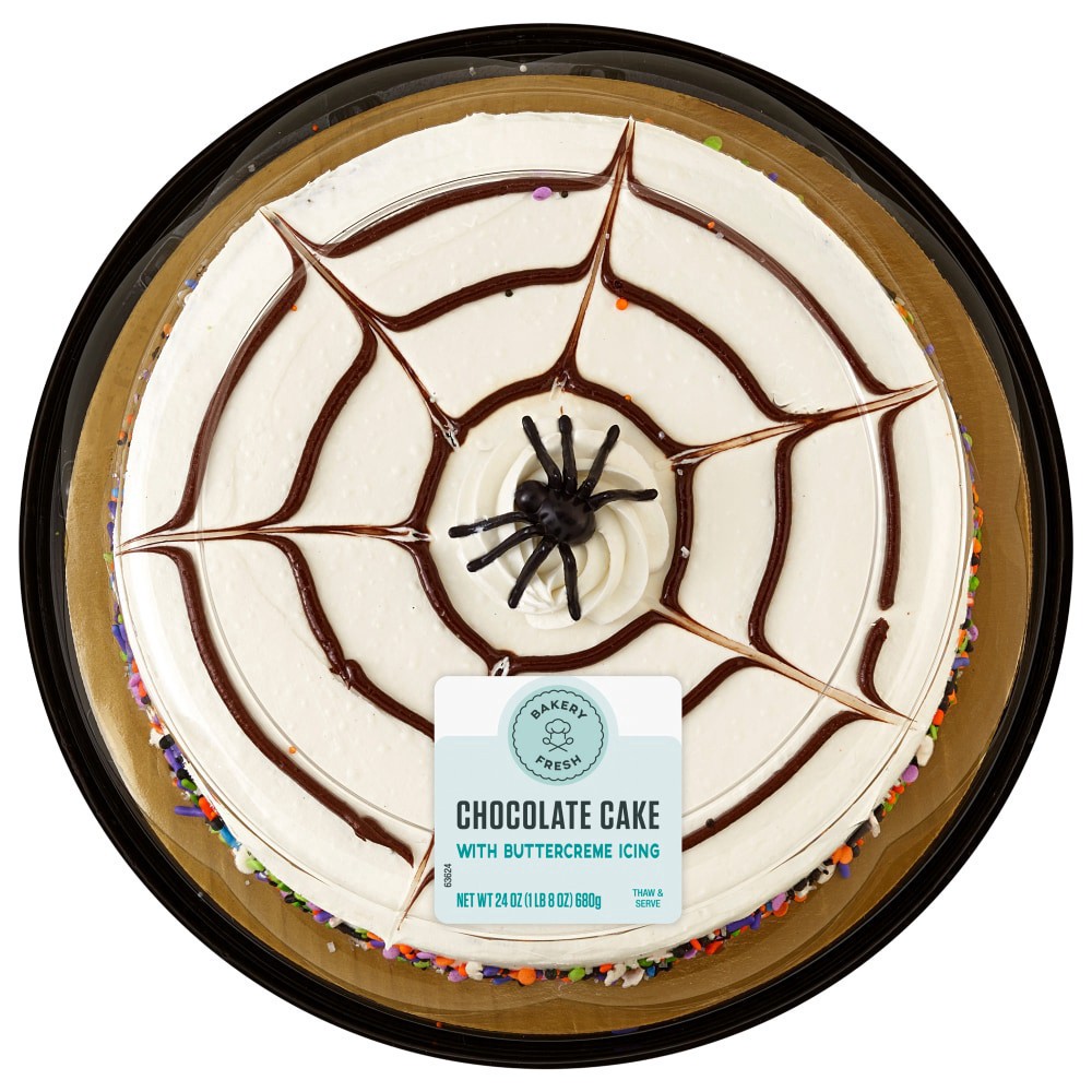 slide 1 of 2, Bakery Fresh Spiderweb Single-Layer Chocolate Cake with White Buttercream, 24 oz