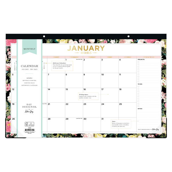 slide 2 of 2, 2025 Day Designer Monthly Desk Pad Calendar, 17"" X 11"", Les Fleurs, January To December, 148794, 1 ct