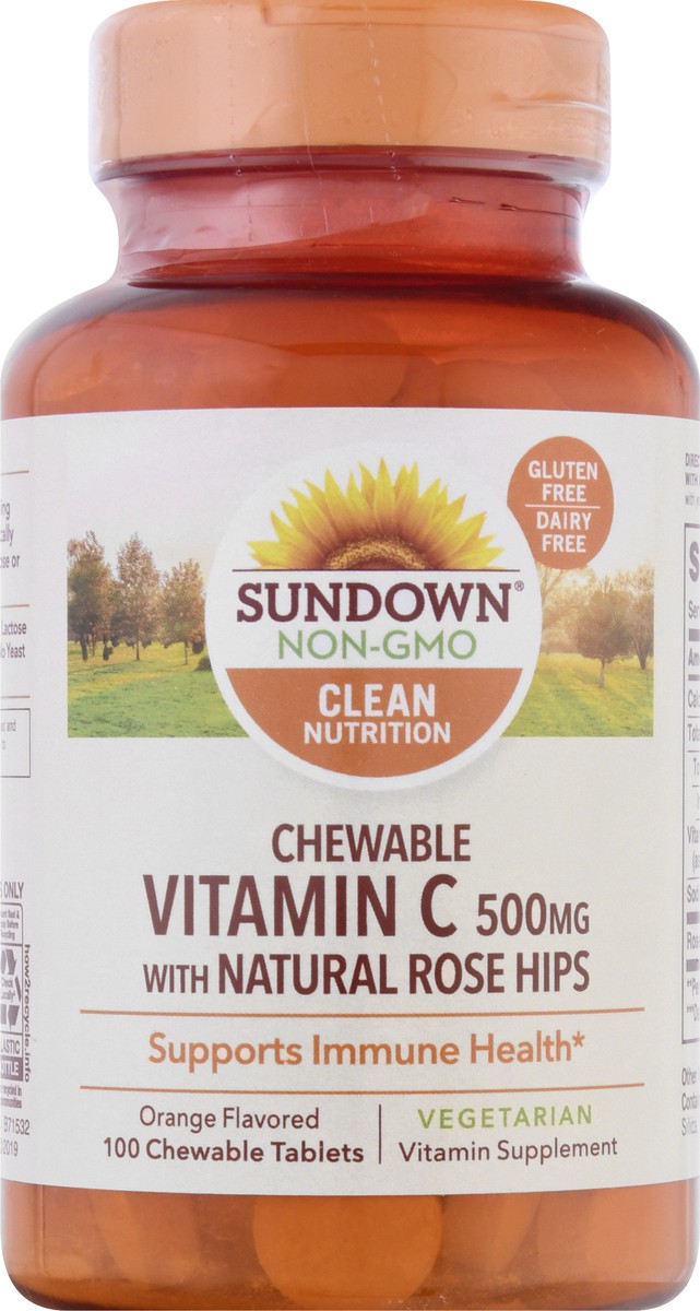 slide 1 of 9, Sundown Non-GMO 500 mg with Natural Rose Hips Chewable Tablets Orange Flavored Vitamin C 100 ea, 100 ct; 500 mg