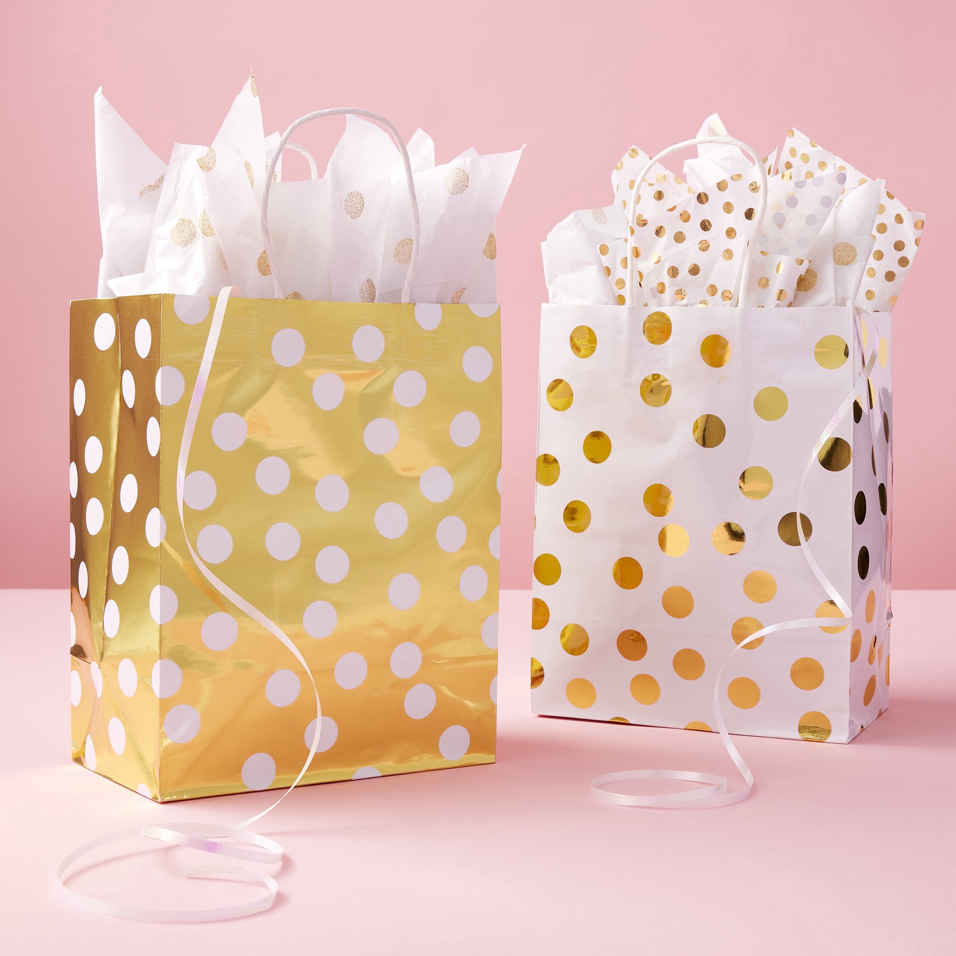 slide 3 of 3, Medium Gold & White Polka Dot Gift Bag Value Pack By Celebrate It, 8 in x 4.75 in x 10 in