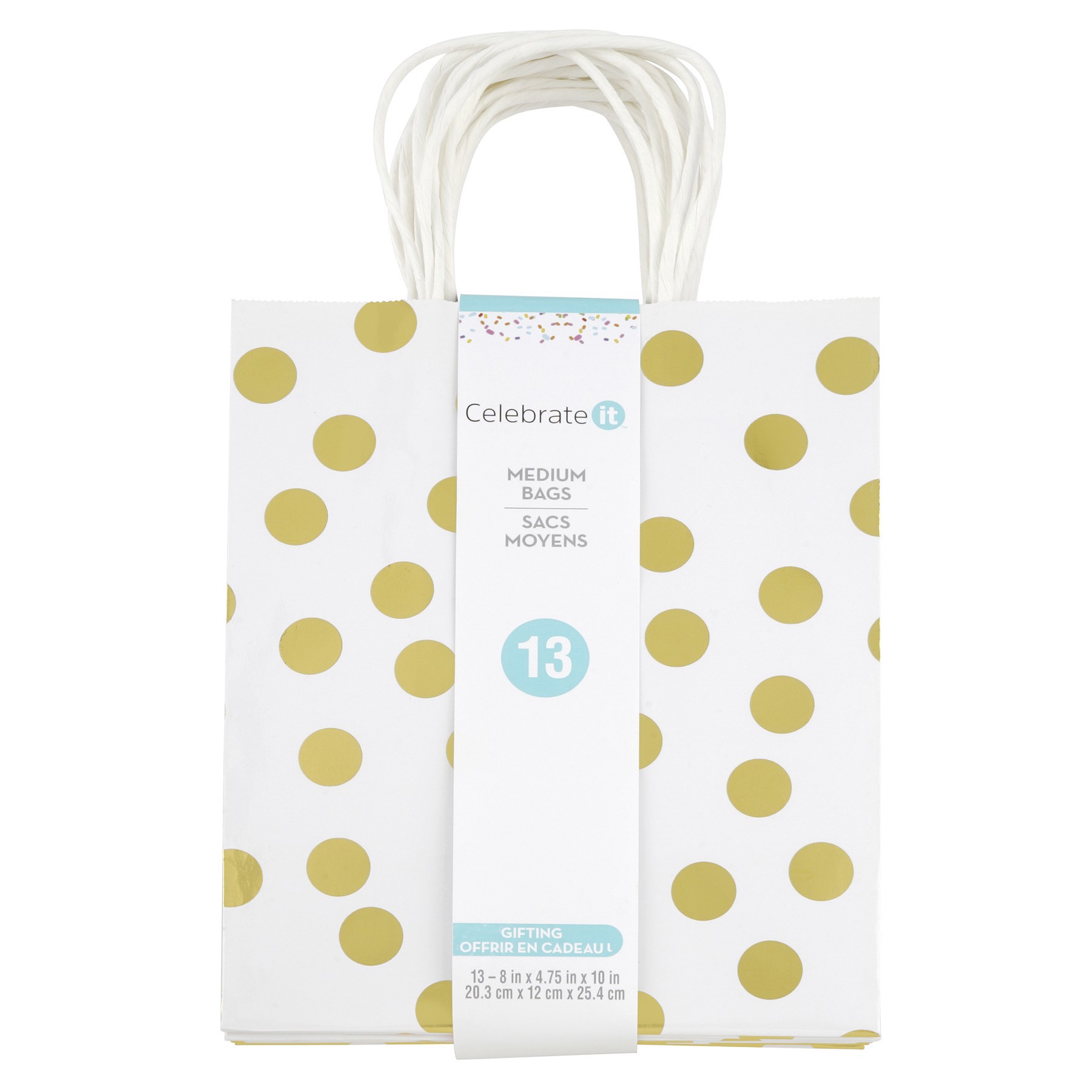 slide 2 of 3, Medium Gold & White Polka Dot Gift Bag Value Pack By Celebrate It, 8 in x 4.75 in x 10 in