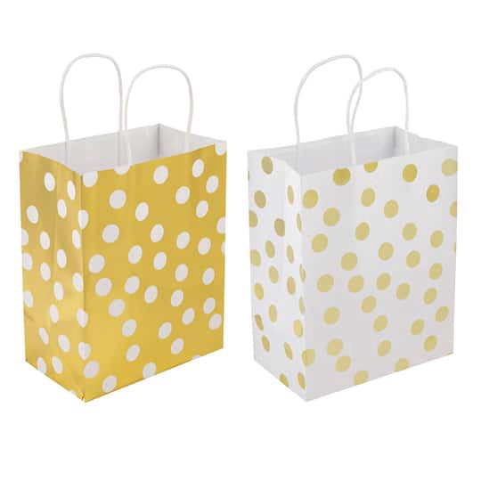 slide 1 of 3, Medium Gold & White Polka Dot Gift Bag Value Pack By Celebrate It, 8 in x 4.75 in x 10 in
