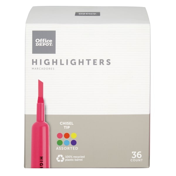 slide 1 of 8, Office Depot Brand Chisel-Tip Highlighter, 100% Recycled Plastic, Assorted Fluorescent Colors, Pack Of 36, 36 ct
