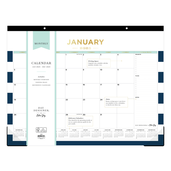 slide 2 of 2, 2025 Day Designer Monthly Desk Pad Calendar, 22"" X 17"", Rugby Stripe Navy, January To December, 148793, 1 ct