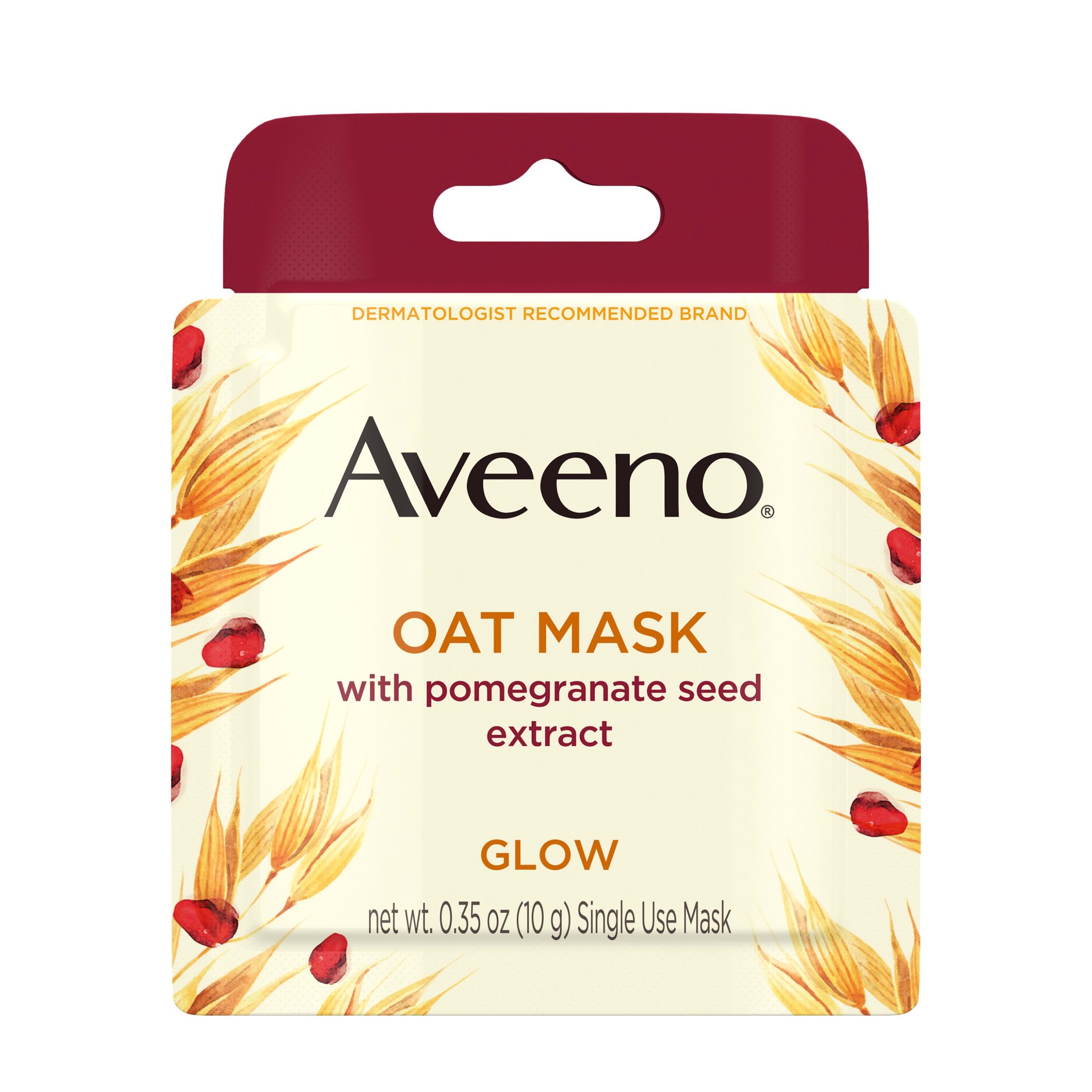 slide 5 of 5, Aveeno Oat Face Mask with Pomegranate Seed Extract, Kiwi Water, and Prebiotic Oat, Hydrating Full Face Mask for Glowing Skin, Paraben Free, Phthalate-Free, Single Use Travel Size,.35 oz, 0.35 oz