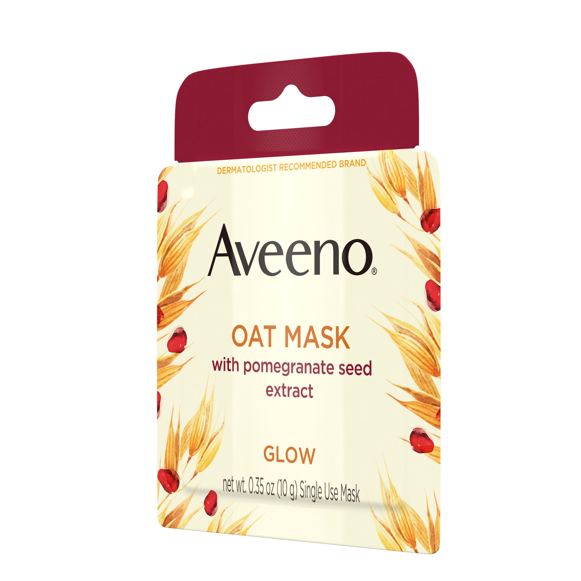 slide 2 of 5, Aveeno Oat Face Mask with Pomegranate Seed Extract, Kiwi Water, and Prebiotic Oat, Hydrating Full Face Mask for Glowing Skin, Paraben Free, Phthalate-Free, Single Use Travel Size,.35 oz, 0.35 oz