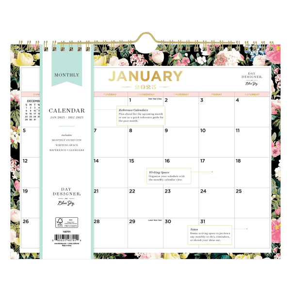 slide 2 of 2, 2025 Day Designer Monthly Wall Calendar, 11"" X 8-3/4"", Les Fleurs, January To December, 148791, 1 ct