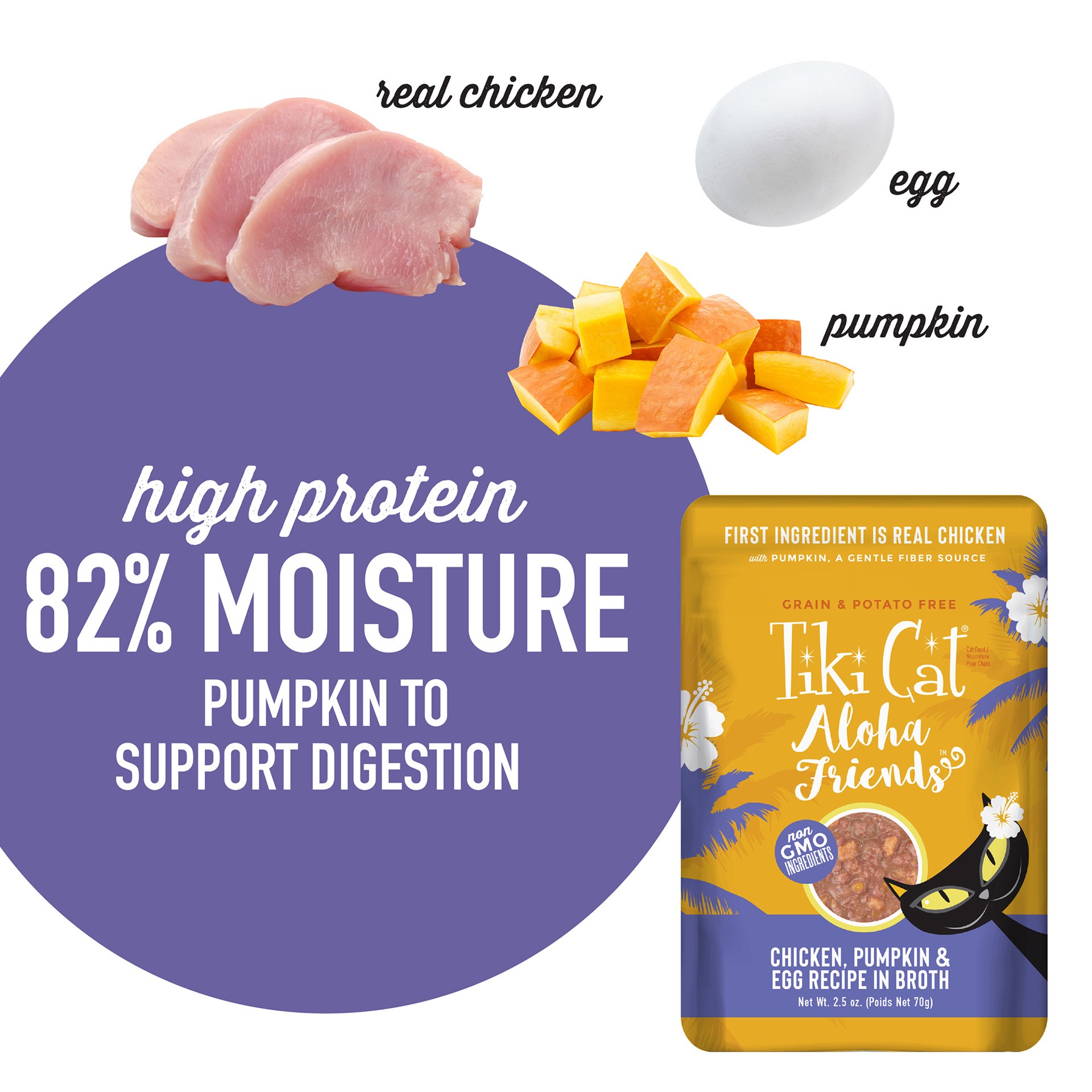 slide 2 of 8, Tiki Cat Aloha Friends Wet Cat Food, Chicken Pumpkin & Egg, 2.5 oz. Pouch, 1 ct