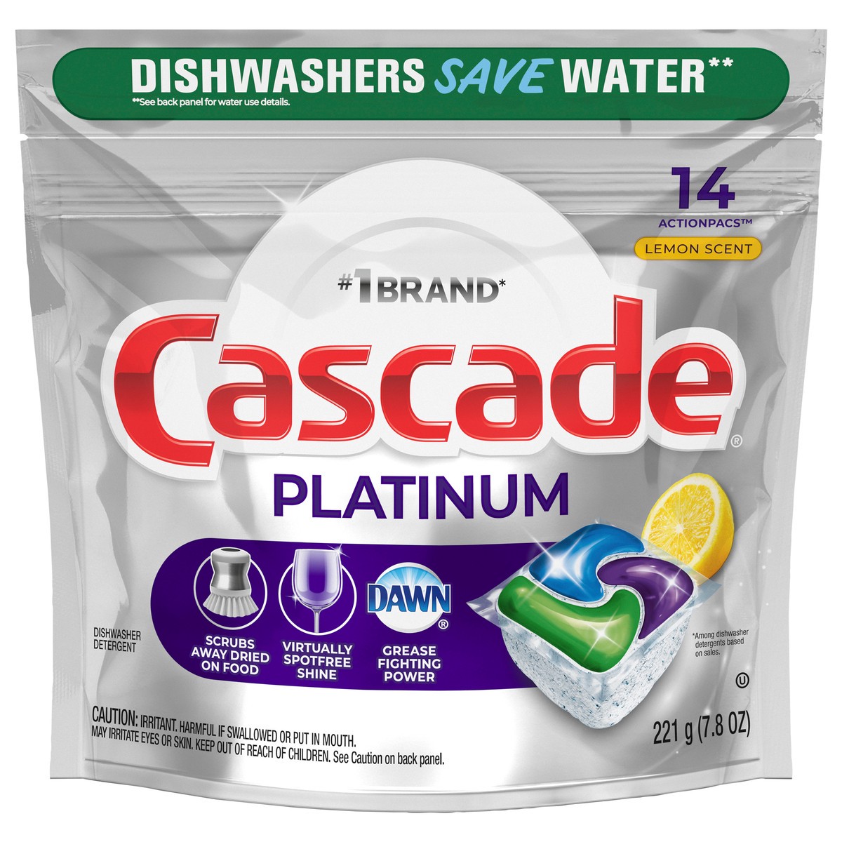 slide 3 of 7, Cascade Platinum ActionPacs Dishwasher Detergent Pods, Lemon, 14 Count, 14 ct