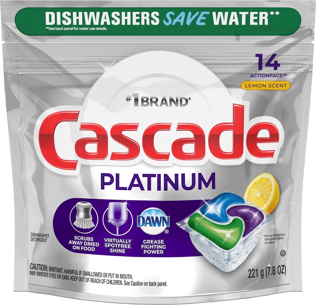 slide 4 of 7, Cascade Platinum ActionPacs Dishwasher Detergent Pods, Lemon, 14 Count, 14 ct